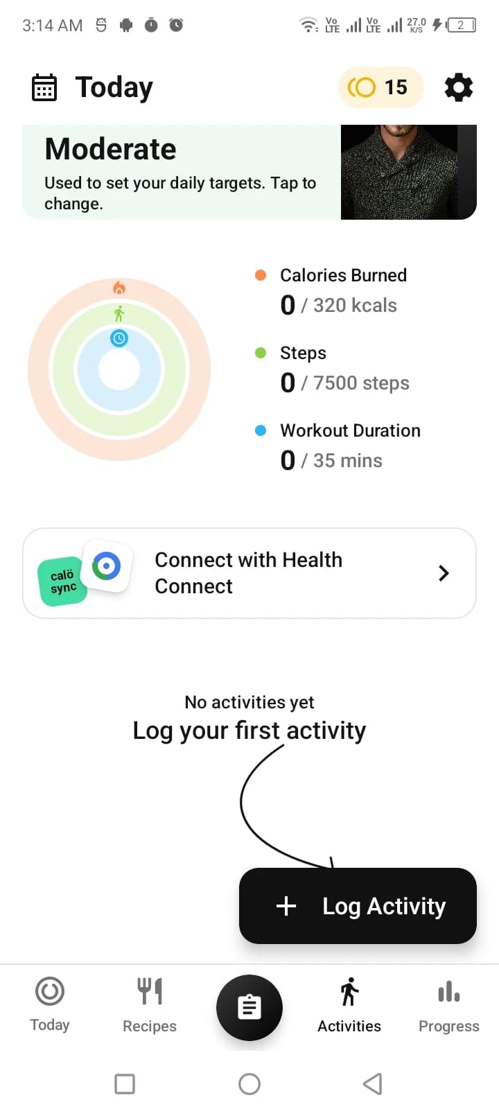 Activity level card reading 'Moderate: used to set your daily targets', above rings for calories burned, steps and workout time.